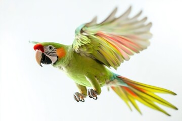 Poster - A colorful parrot soaring through the air with its wings spread wide