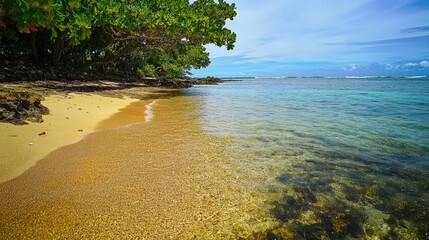 Poster - Coastal landscape with sandy beach, ocean, and surrounding trees