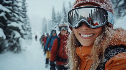 a beautiful young adult woman wearing winter ski goggles, standing with a group of friends on the mountain.