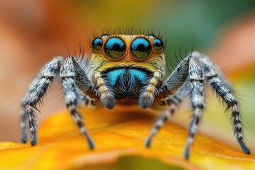 Wall Mural - A close-up view of a jumping spider sitting on a leaf, its body and legs visible