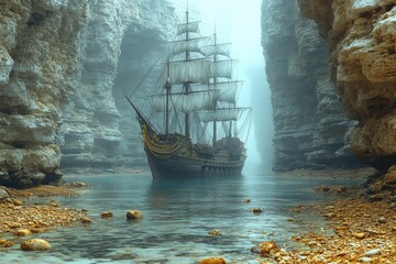 Poster - A tall ship sailing on calm waters, potential for use in travel or adventure scenes