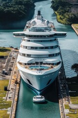 Poster - A large cruise ship moored in calm waters, ideal for travel or vacation concepts