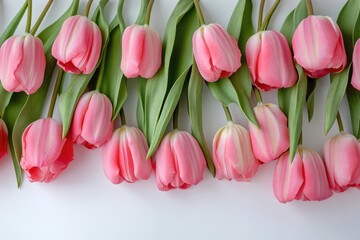 Poster - A row of pink tulips on a white surface, perfect for decorating or adding a pop of color to any scene