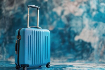 Poster - A lone blue suitcase sits atop a matching blue surface, ready for travel