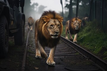 two lions strolling along a railway track