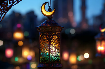 Wall Mural - Lantern that have moon symbol on top for the Muslim feast of the holy month of Ramadan Kareem and Islamic new year concept.