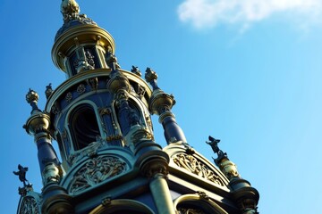 Poster - A large clock tower stands tall in front of a clear blue sky, offering a serene and peaceful atmosphere