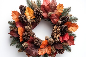 Poster - A rustic autumn wreath made with pine cones and dried leaves, perfect for fall decor or seasonal celebrations