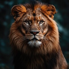 Poster - A close-up shot of a lion's face on a dark background, suitable for use in wildlife or nature-related contexts