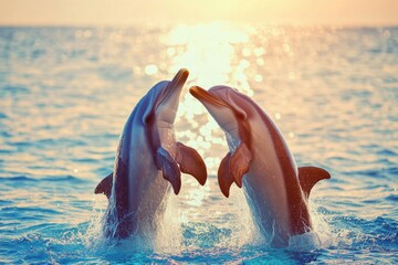 Poster - Two dolphins leaping from the ocean at sunset