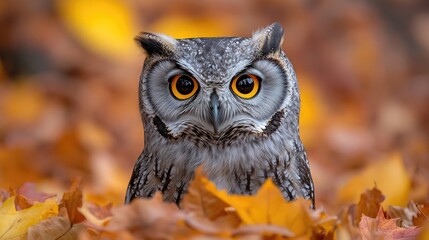 Poster - A close-up image of an owl sitting amidst a pile of fallen leaves, providing a cozy and intimate atmosphere
