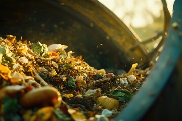 Poster - A metal bucket overflowing with trash and debris, potentially environmental or industrial waste