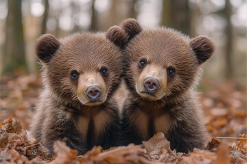Poster - Brown bears relaxing in a bed of autumn leaves
