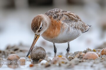 Aufkleber - A small bird perched on the edge of a sandy beach, with ocean and sky in the background