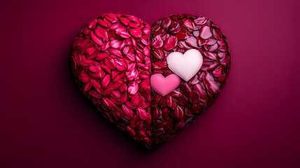 Poster - A heart shape made of rose petals in various shades of pink and red, featuring two smaller hearts in contrasting colors.