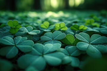 Poster - A close-up shot of green clovers with water droplets on the petals, great for use in botanical or natural scenes