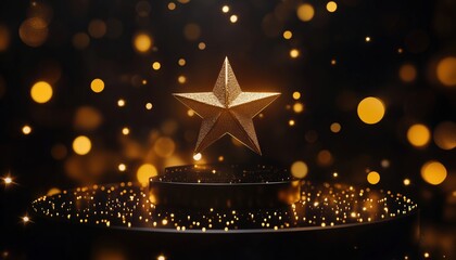 Luxurious Golden Star Trophy On An Elegant Black Circular Podium With Warm Light And Bokeh. Showcase In A Prestigious Award Ceremony.