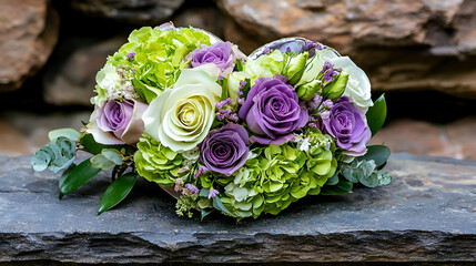 Sticker - A heart-shaped arrangement of vibrant roses and greenery resting on a stone surface, showcasing a romantic and elegant floral design.