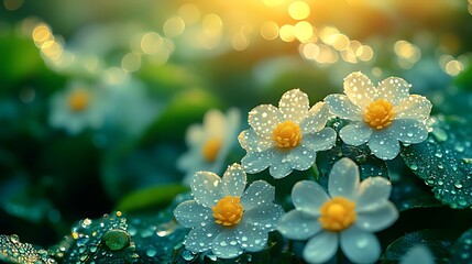 Wall Mural - Dew-kissed white flowers in a lush green garden at sunrise.