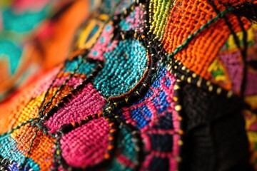 Poster - A detailed view of a colorful fabric with intricate patterns and textures
