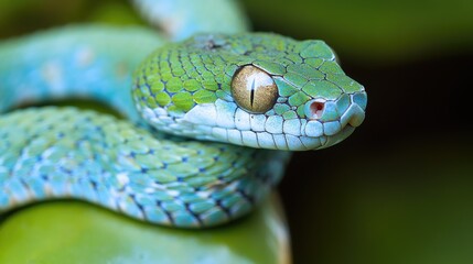 Wall Mural - A close-up shot of a green snake resting on a branch, ready to strike