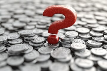 Poster - A red question mark sits atop a pile of coins, conveying curiosity and inquiry