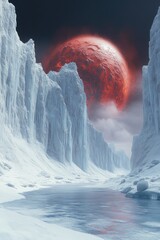 Poster - A snow-covered landscape with a red planet visible in the distance, great for use in space-themed or winter scenes