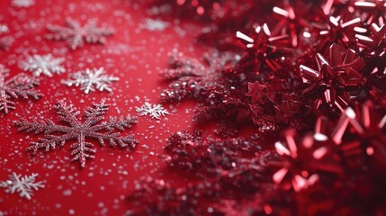 Canvas Print - A close-up shot of delicate snowflakes on a bright red surface