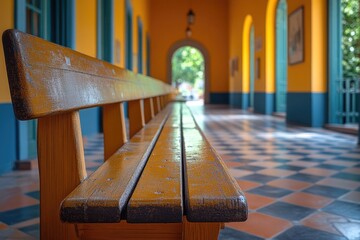 Poster - A long wooden bench sits in a hallway with a neutral background
