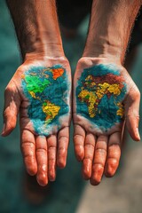 Poster - Painted hands holding a colorful map of the world, ideal for travel or education themes