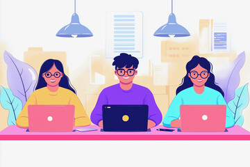 Poster - Three people are sitting at a desk with laptops open. They are smiling and seem to be enjoying their work