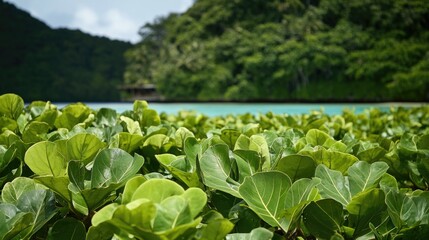 Poster - A serene scene featuring a field of green plants alongside a body of water, perfect for use in travel, nature, or environmental projects