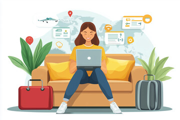 Poster -  woman is sitting on a couch with a laptop in front of her. She is smiling and she is enjoying her time. There are several suitcases and a backpack in the room