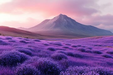 Poster - A serene landscape with a purple field and a mountain in the background, suitable for use as a wallpaper or in a nature-inspired design