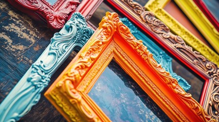 Poster - Various colorful picture frames arranged on a table, ideal for use in design projects or as props for photography shoots