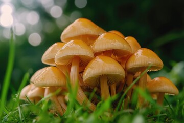 Sticker - A group of mushrooms growing on a lush green field, perfect for nature and outdoor use