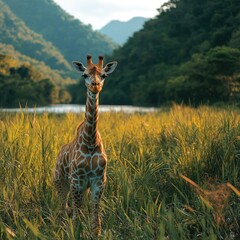 Poster - A giraffe stands tall in the grassy bank of a river, surrounded by nature