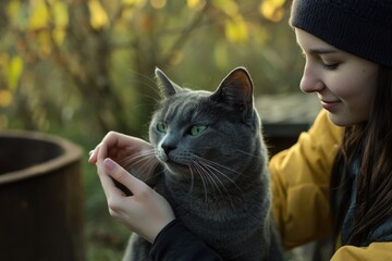 Aufkleber - A person outdoors with a gray cat, ideal for lifestyle and animal-themed images