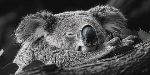Aufkleber - A black and white photo of a koala sleeping peacefully