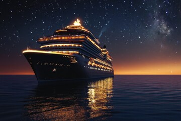 Poster - A luxury cruise ship sailing through the open ocean under stars and moonlight, perfect for travel or transportation scene