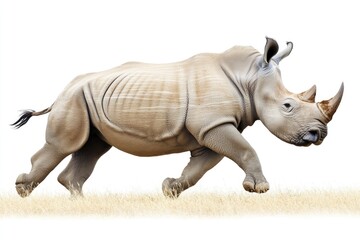 Poster - A rhino runs freely in a green meadow on a bright white background