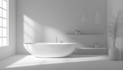 Poster - Mock-Up Rendering Of A Bathroom With Light Gray Walls, Sink, Bathtub, Two Shelves, And Lamp Hanging On A Long Cord.