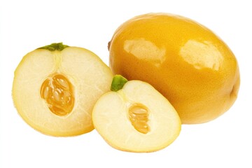 Poster - A close-up view of a fruit with a slice cut in half, perfect for use in food or still life photography