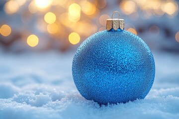 Canvas Print - A blue Christmas ornament sits in the snow