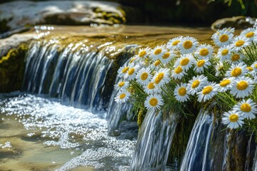 Aufkleber - A natural scene of a stream flowing over rocks, with daisies growing out of the crevices
