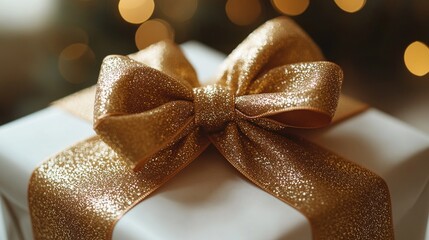 Poster - A beautifully wrapped gift box with a shiny gold ribbon, perfect for special occasions