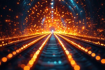 Poster - A train track illuminated by many lights at night