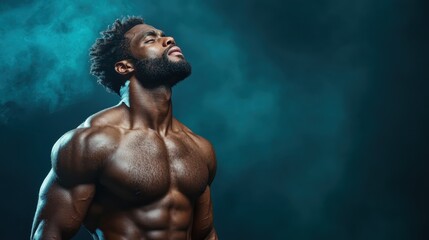 a powerful portrait of a muscular man surrounded by dramatic light and smoke, evoking a sense of str