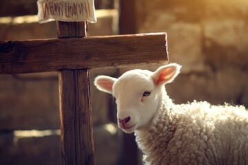 Poster - A sheep stands next to a wooden cross in a simple yet powerful scene