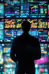 Poster - A person standing in front of multiple computer monitors, great for tech-related or futuristic concepts